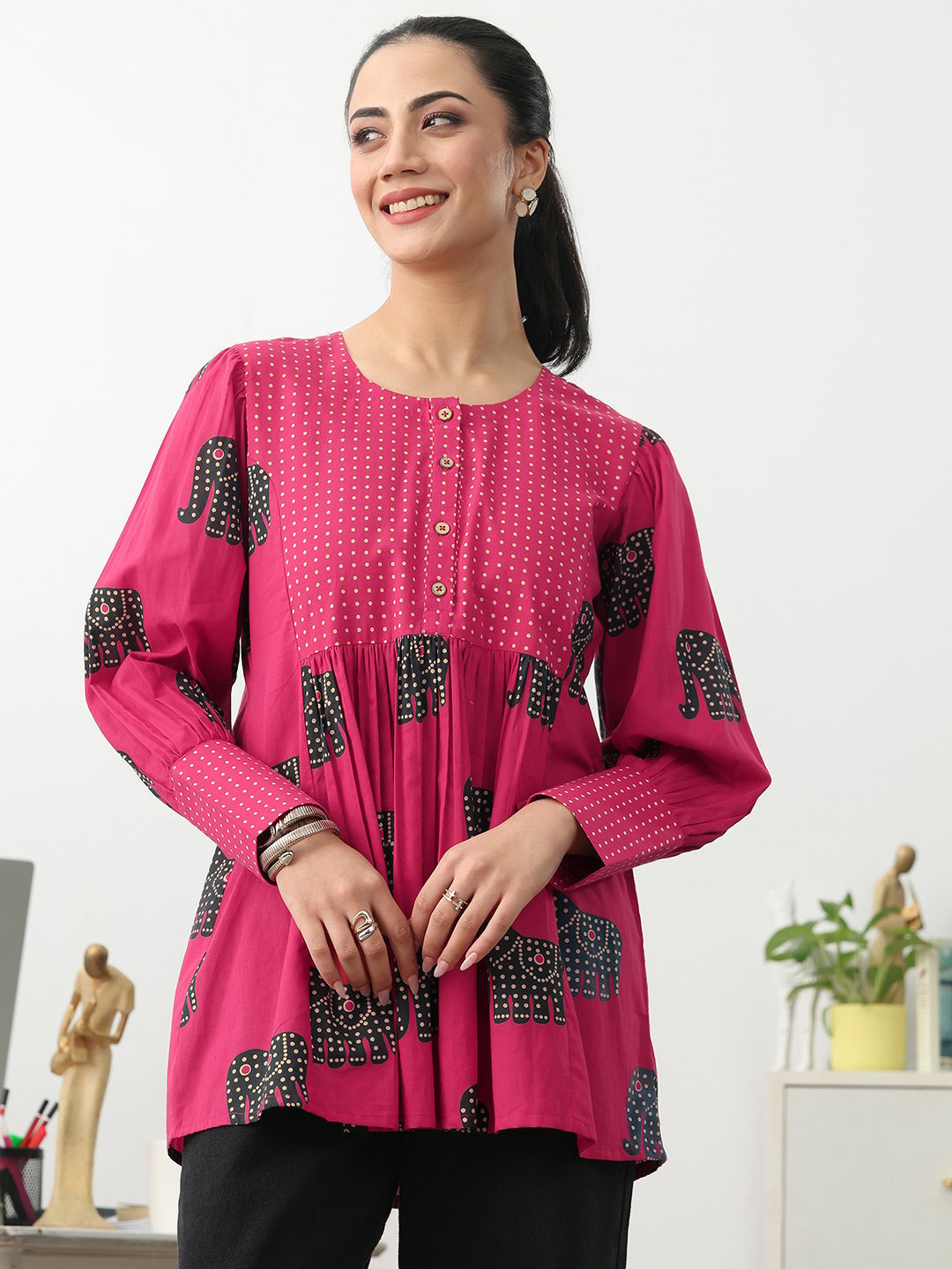 Pink Printed Cotton Blend A-Line Kurti