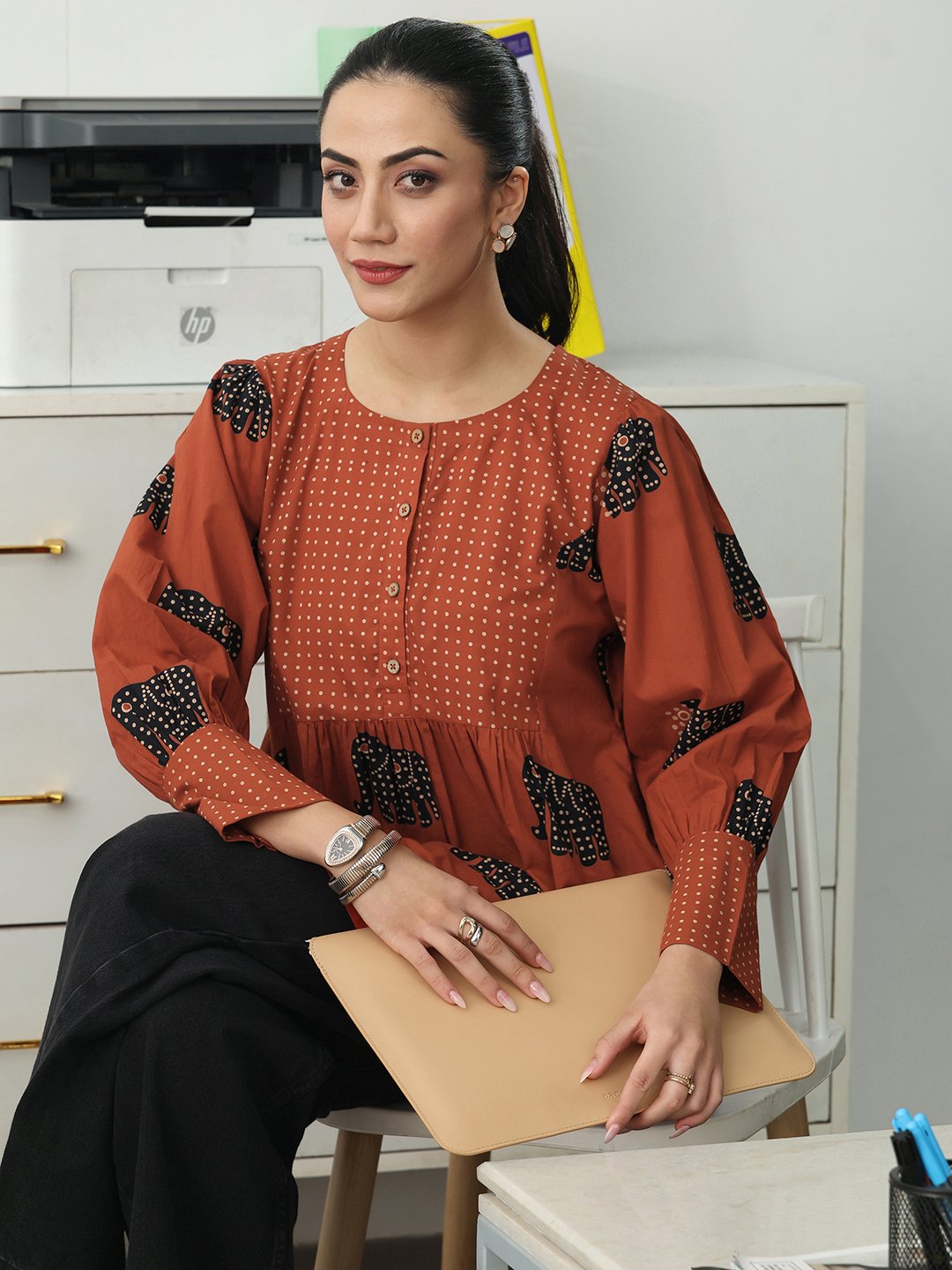 Rust Printed Cotton Blend A-Line Kurti