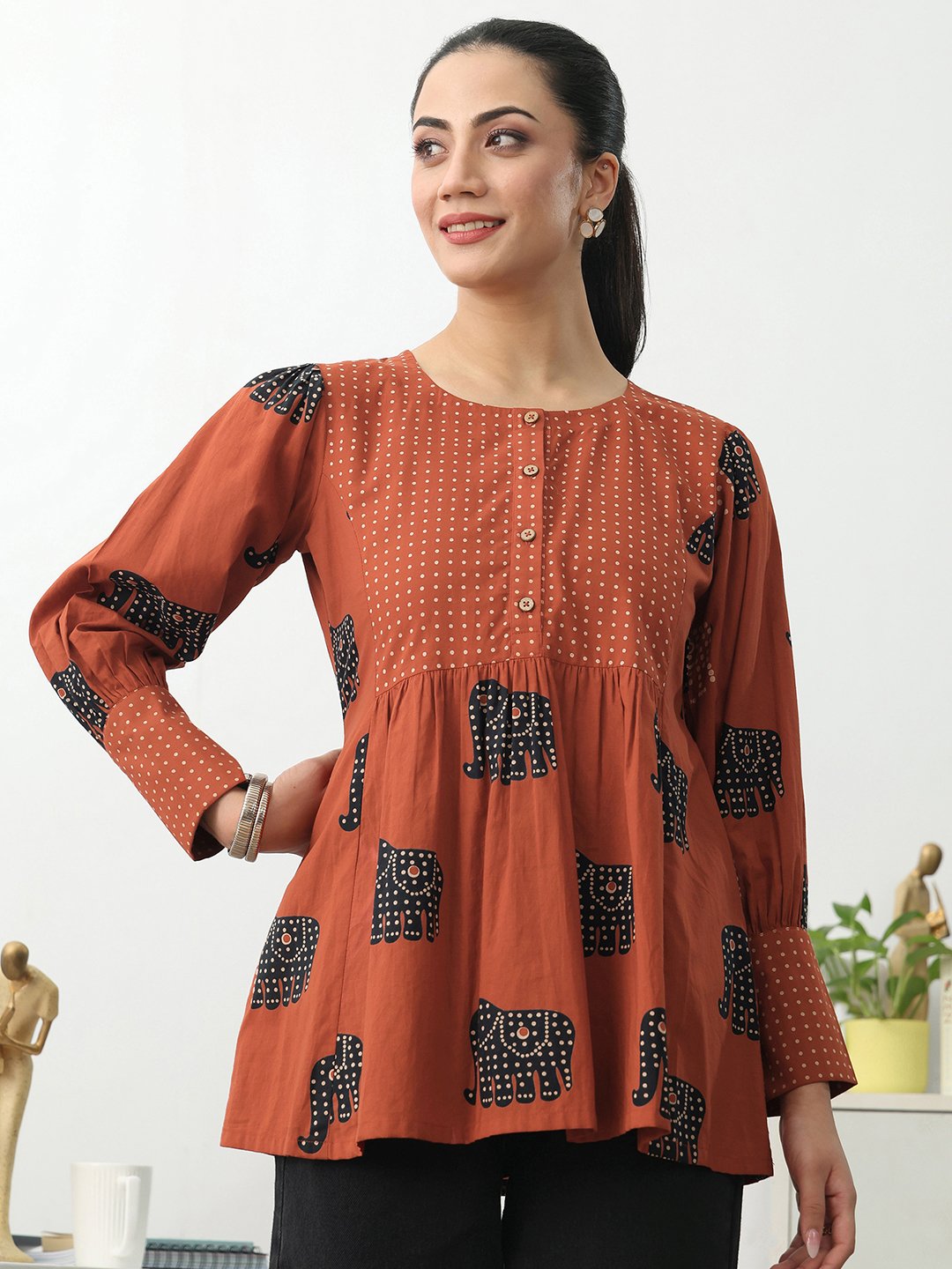 Rust Printed Cotton Blend A-Line Kurti