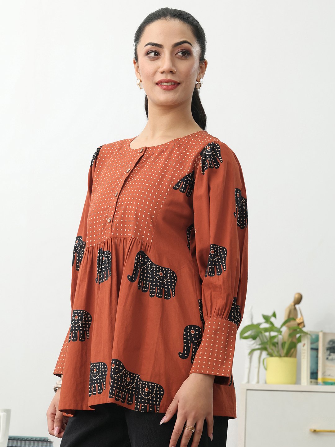 Rust Printed Cotton Blend A-Line Kurti