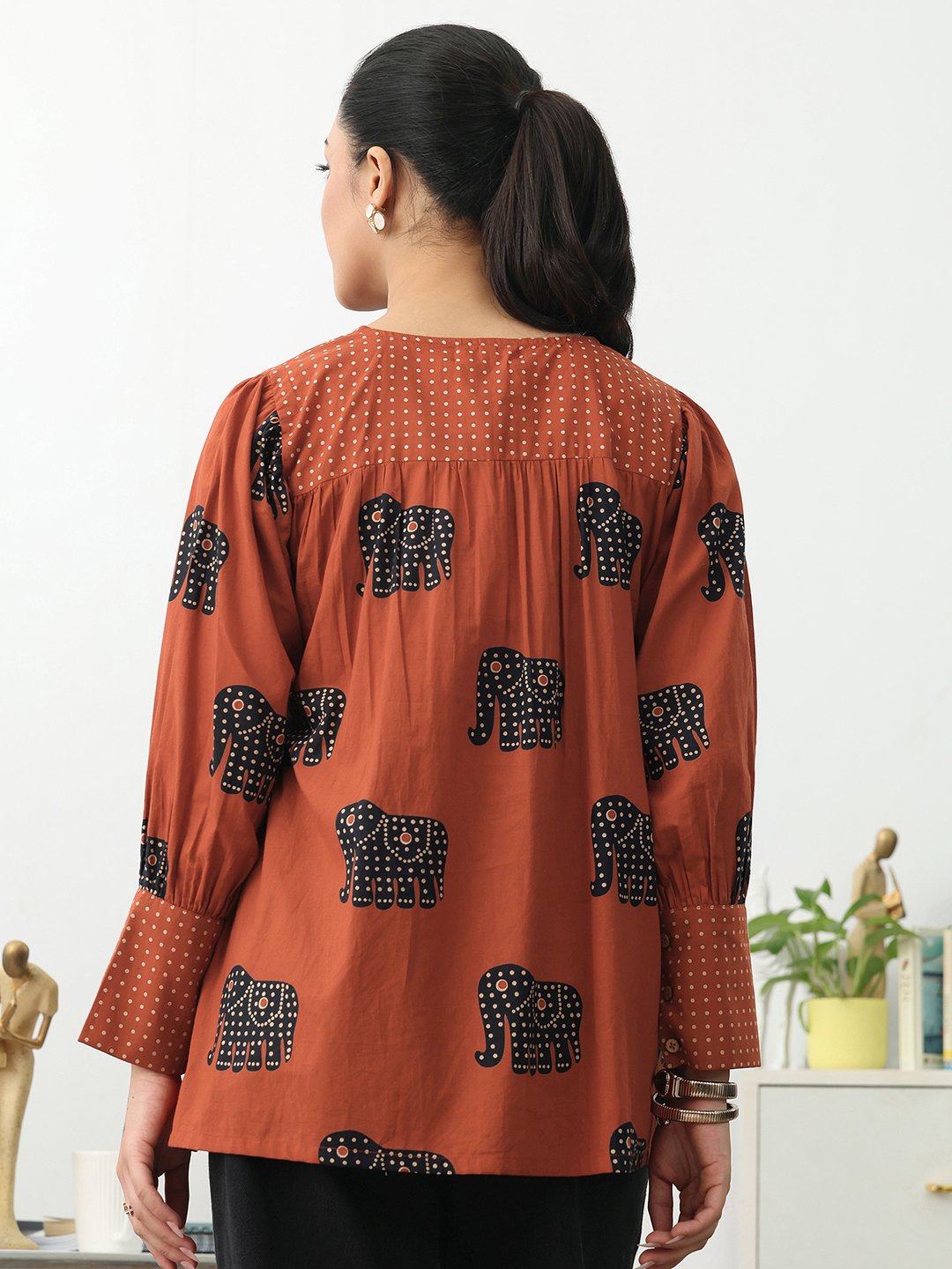 Rust Printed Cotton Blend A-Line Kurti