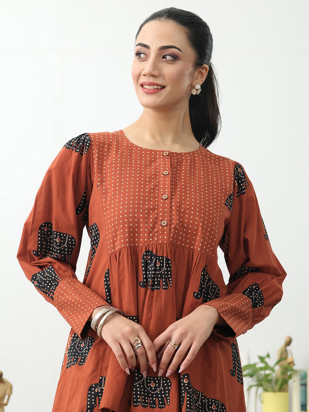Rust Printed Cotton Blend A-Line Kurti