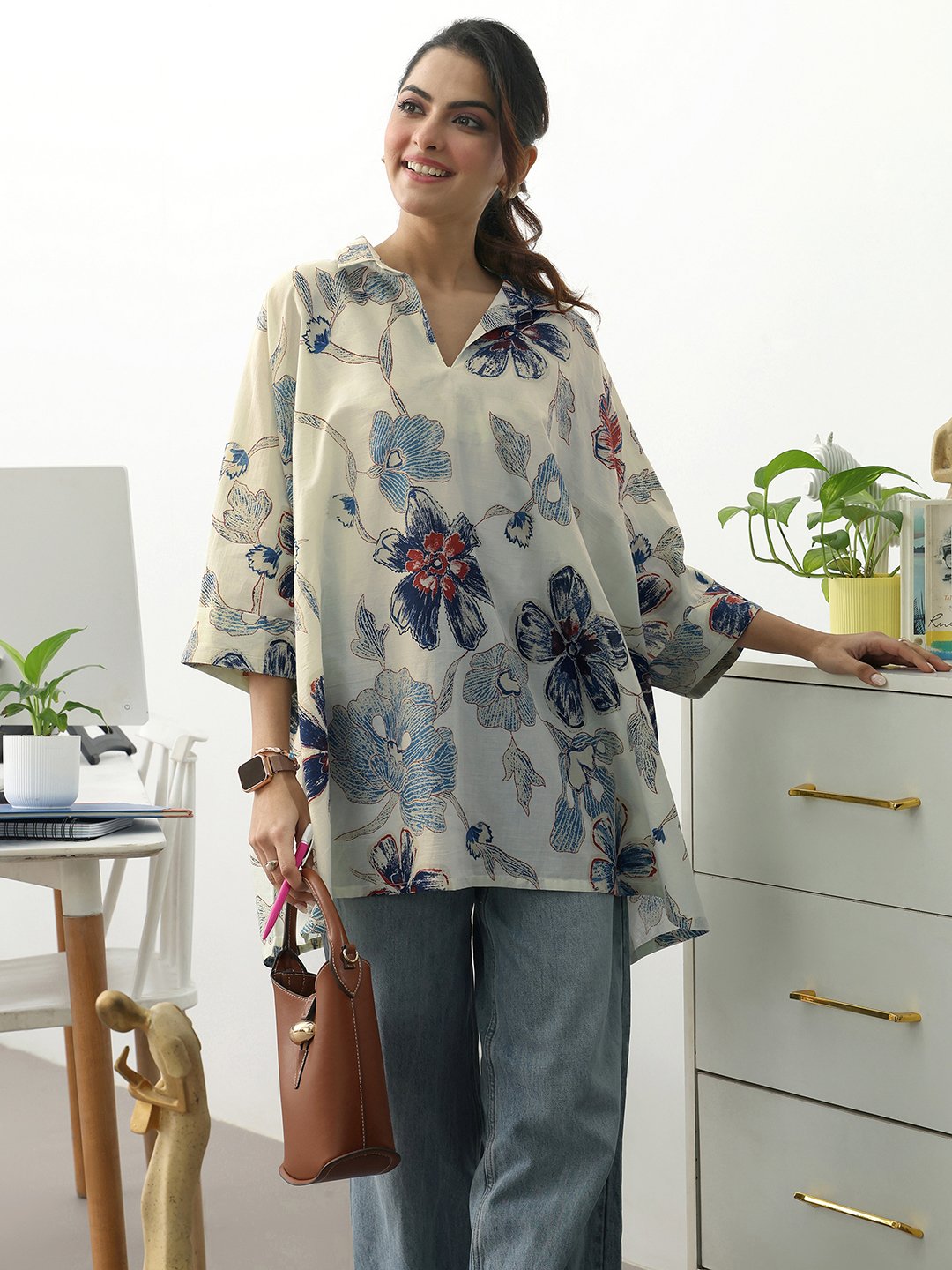 Off White Printed Cotton Blend A-Line Kurti