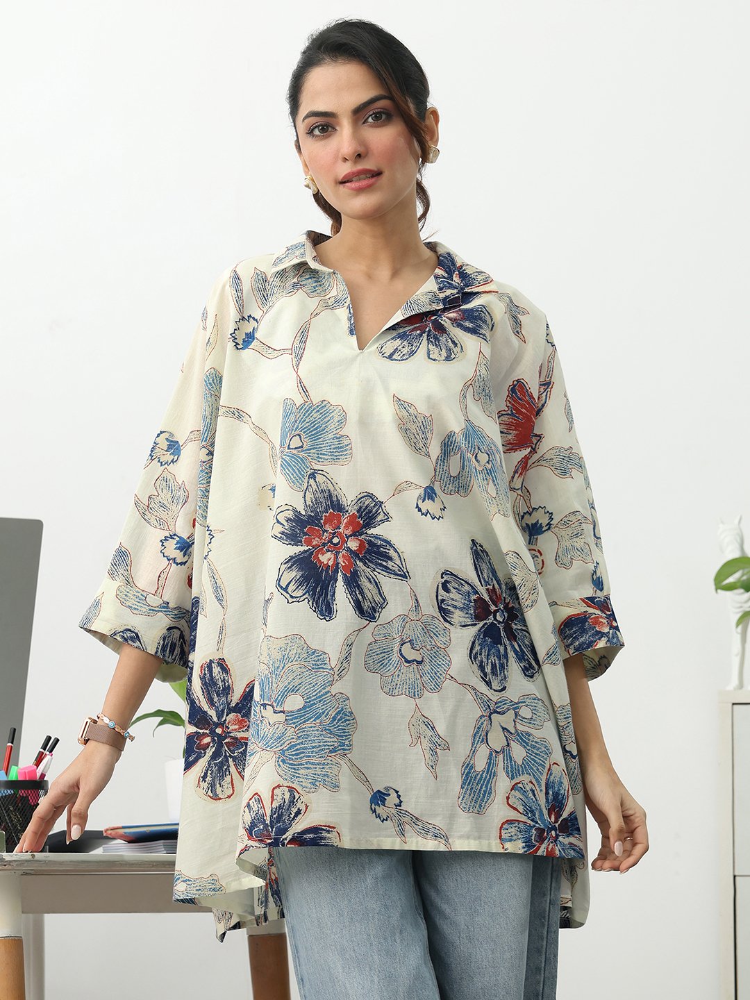 Off White Printed Cotton Blend A-Line Kurti