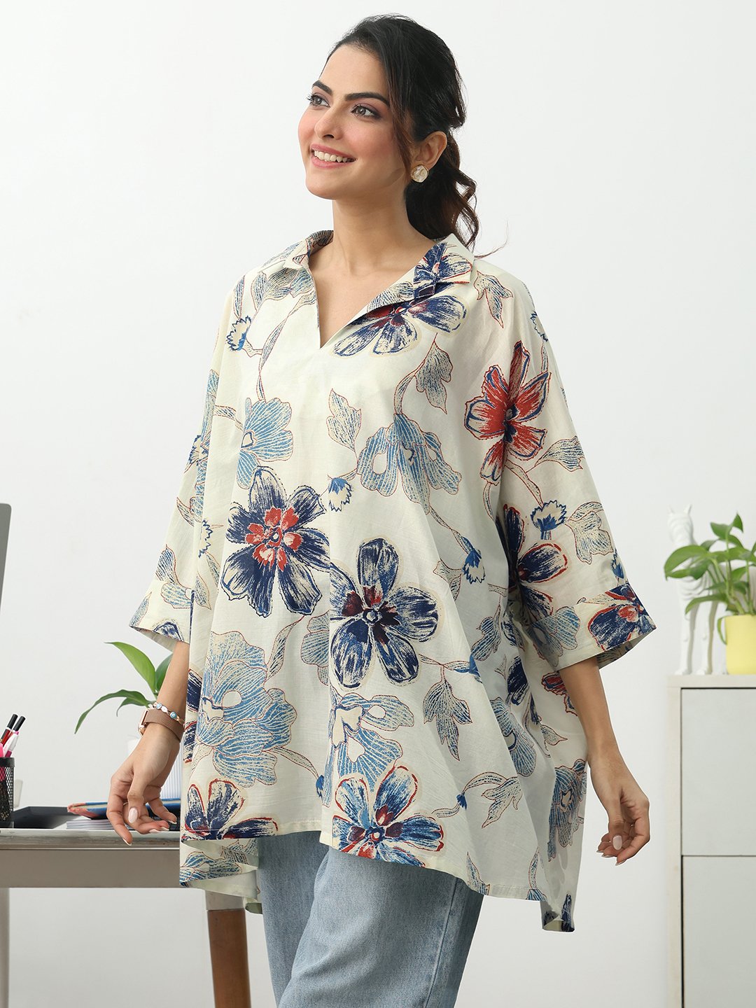 Off White Printed Cotton Blend A-Line Kurti