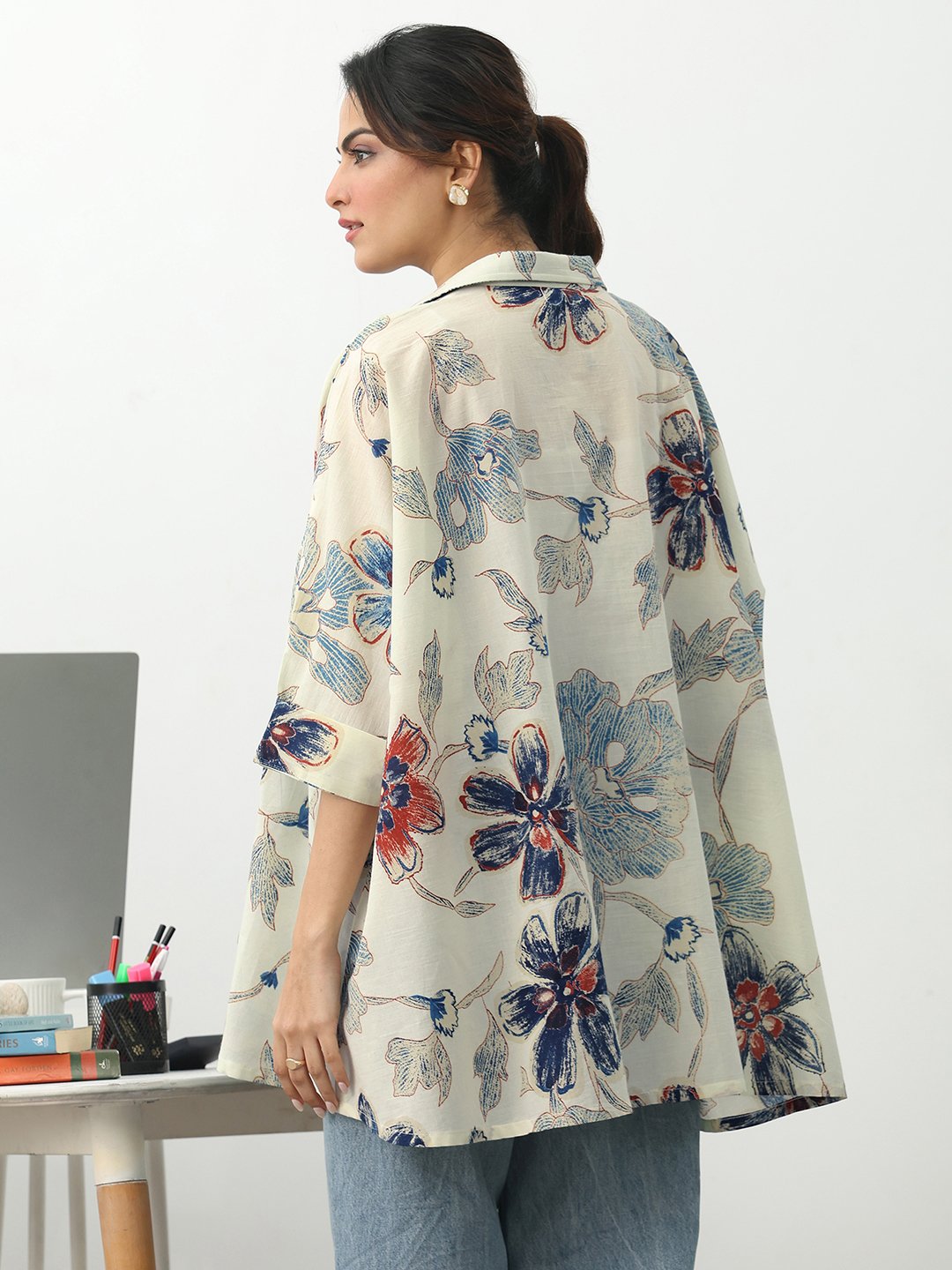 Off White Printed Cotton Blend A-Line Kurti