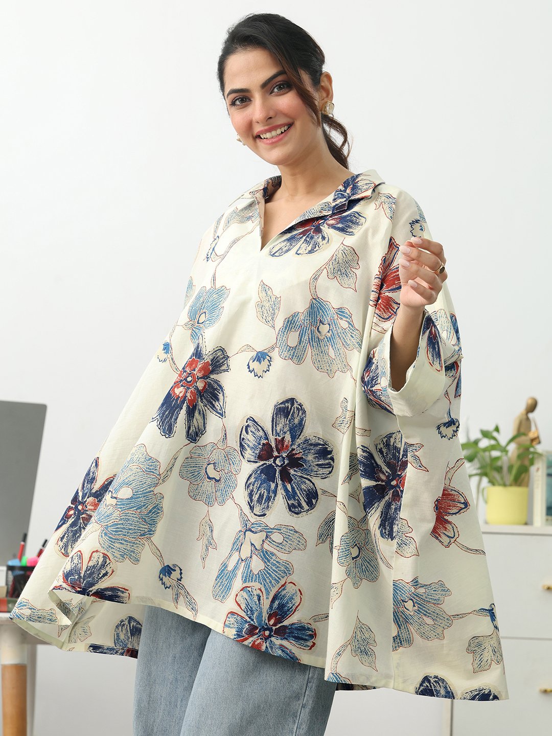 Off White Printed Cotton Blend A-Line Kurti