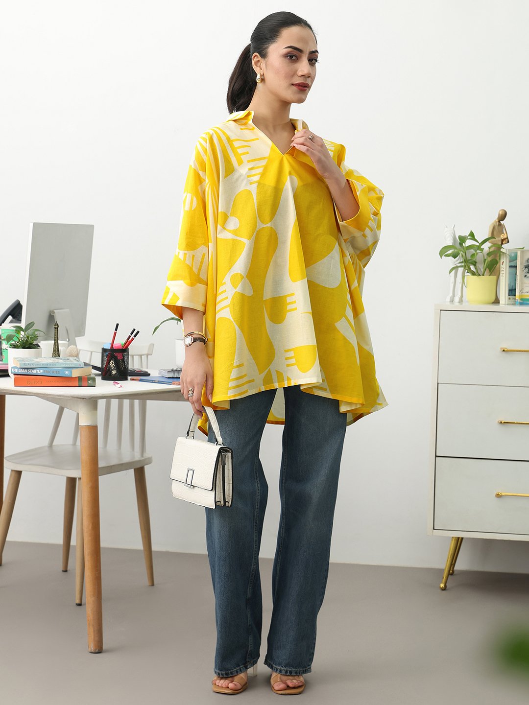 Yellow Printed Cotton Blend A-Line Kurti
