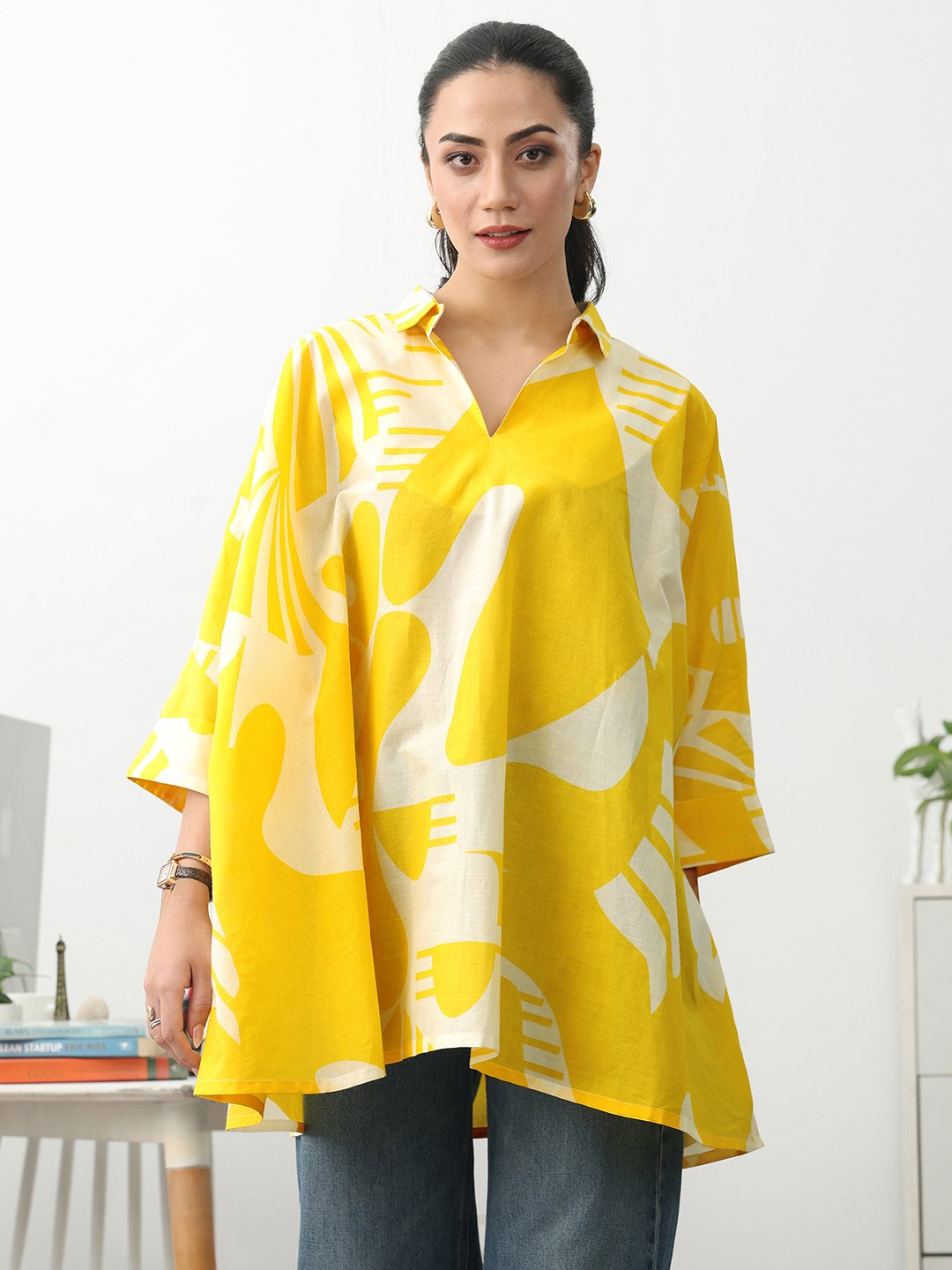 Yellow Printed Cotton Blend A-Line Kurti