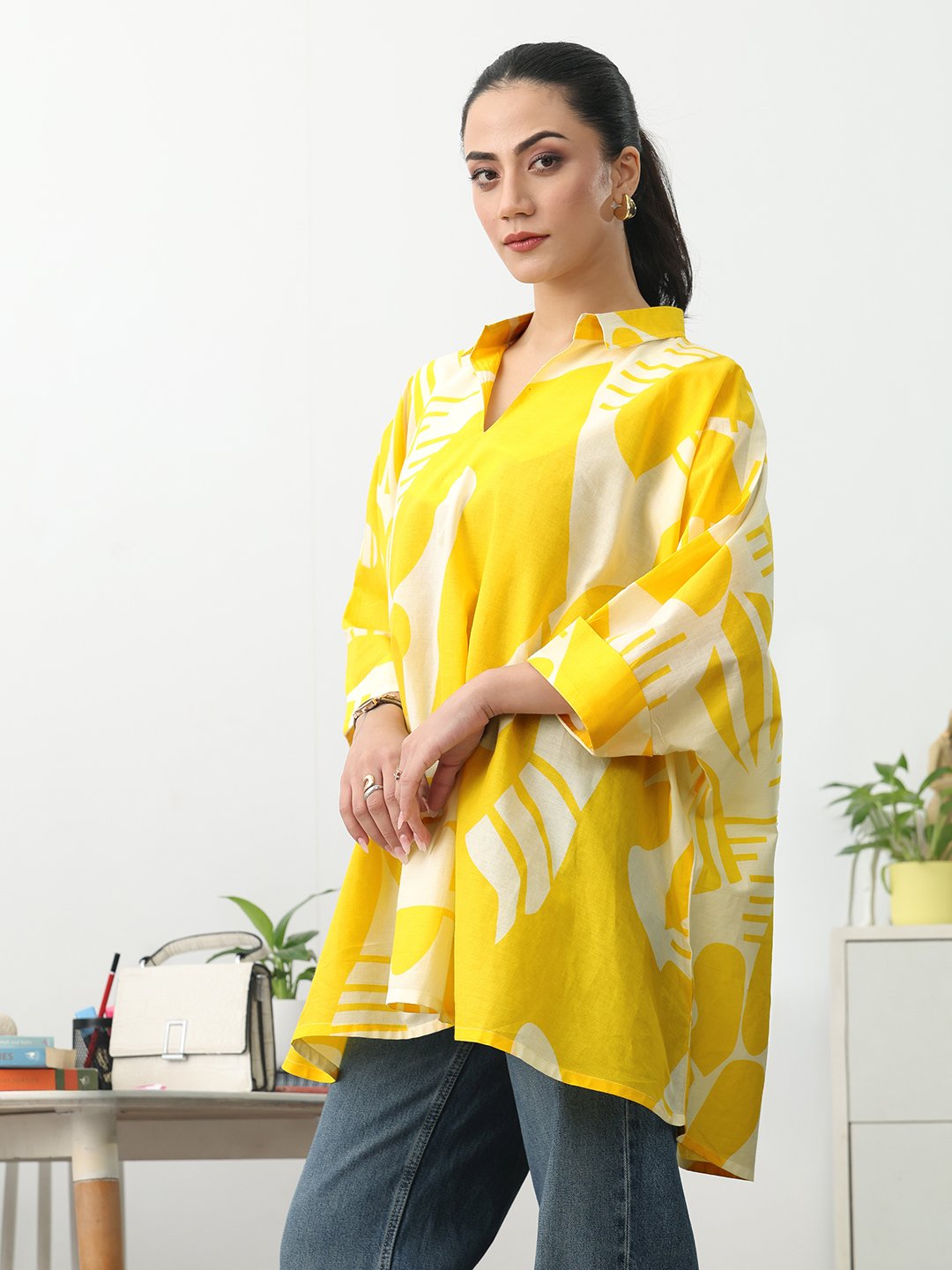 Yellow Printed Cotton Blend A-Line Kurti