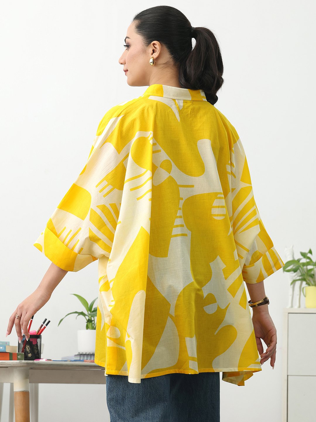 Yellow Printed Cotton Blend A-Line Kurti