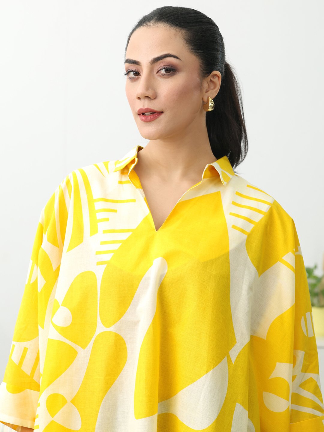 Yellow Printed Cotton Blend A-Line Kurti