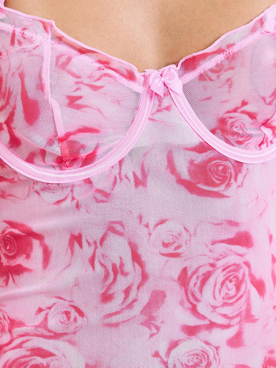 Pink Floral Print Ruffled Hem Side Slit Nightdress with Thong Brief Set