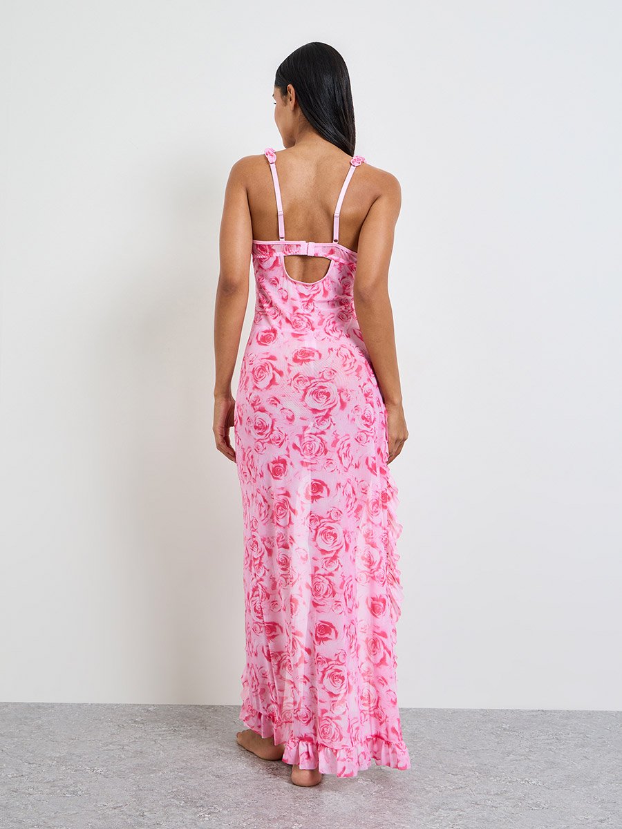 Pink Floral Print Ruffled Hem Side Slit Nightdress with Thong Brief Set