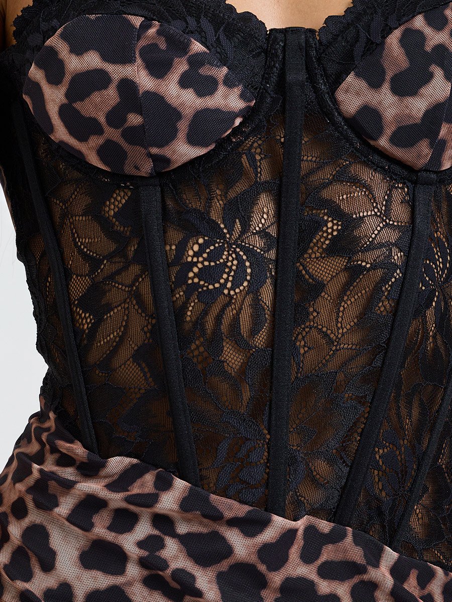 Brown Leopard Print Strappy Mesh Details Nightdress