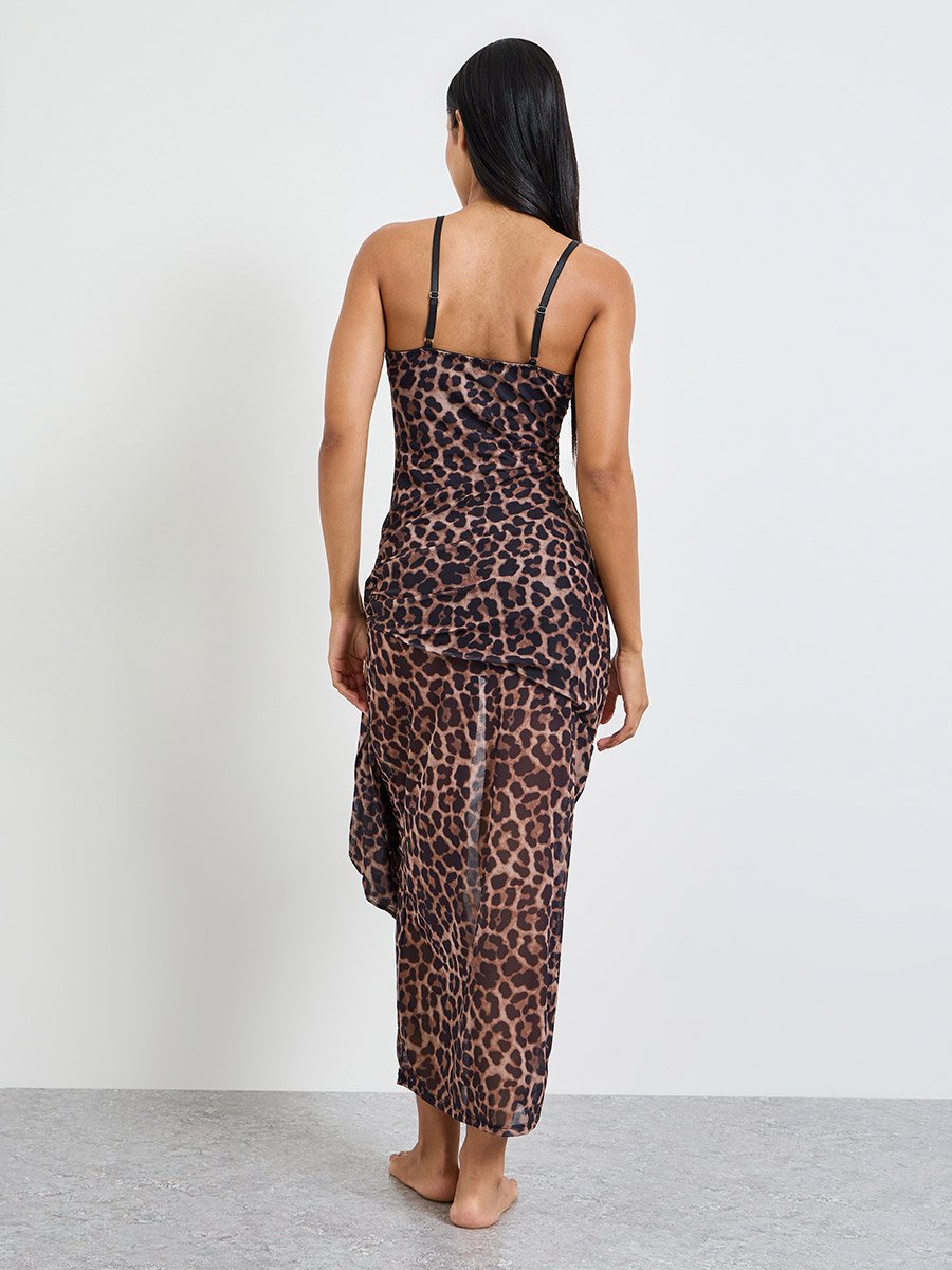 Brown Leopard Print Strappy Mesh Details Nightdress