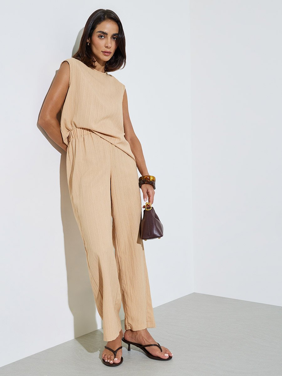 Beige Textured Sleeveless Top and Pants Modest Set