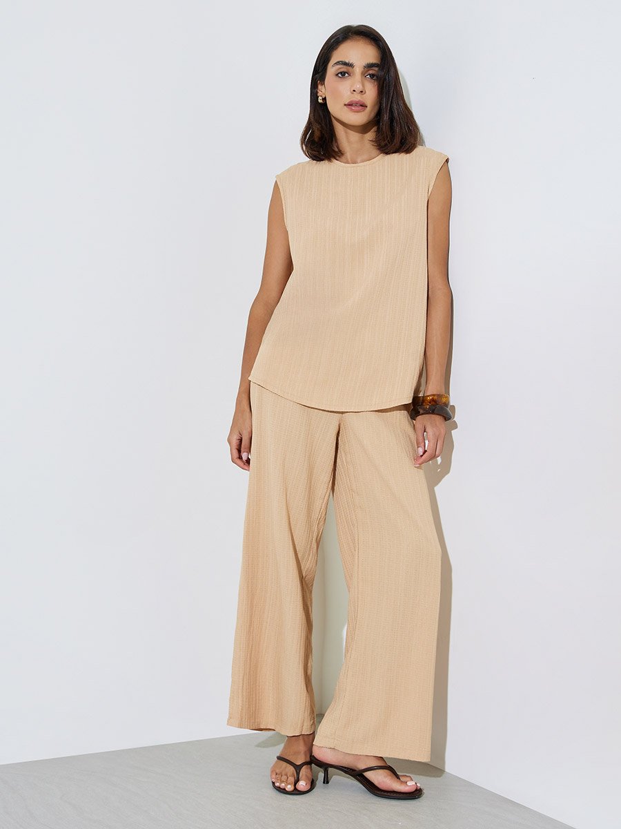 Beige Textured Sleeveless Top and Pants Modest Set