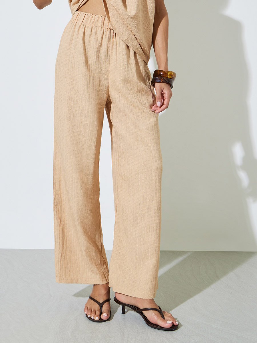 Beige Textured Sleeveless Top and Pants Modest Set