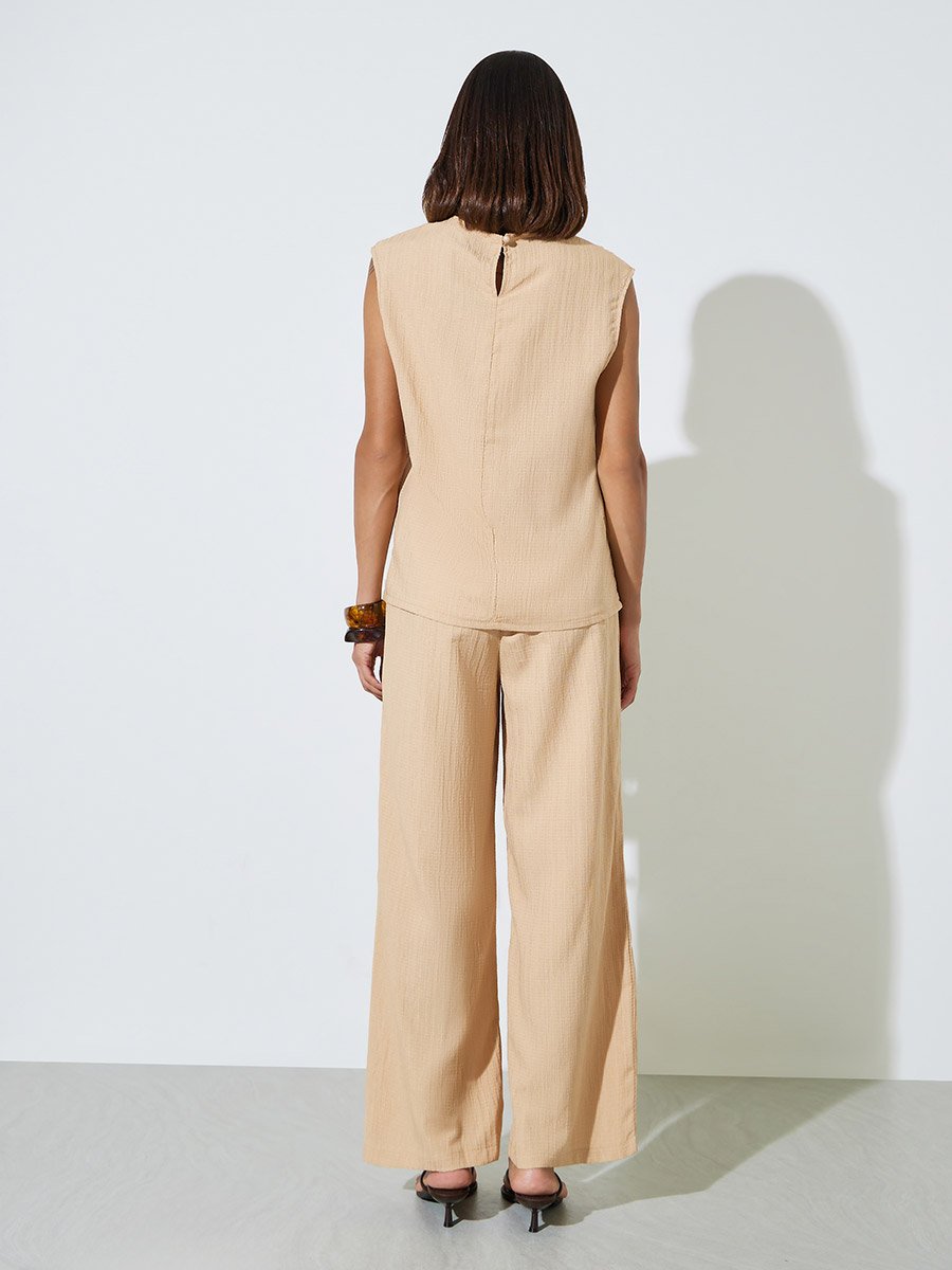Beige Textured Sleeveless Top and Pants Modest Set