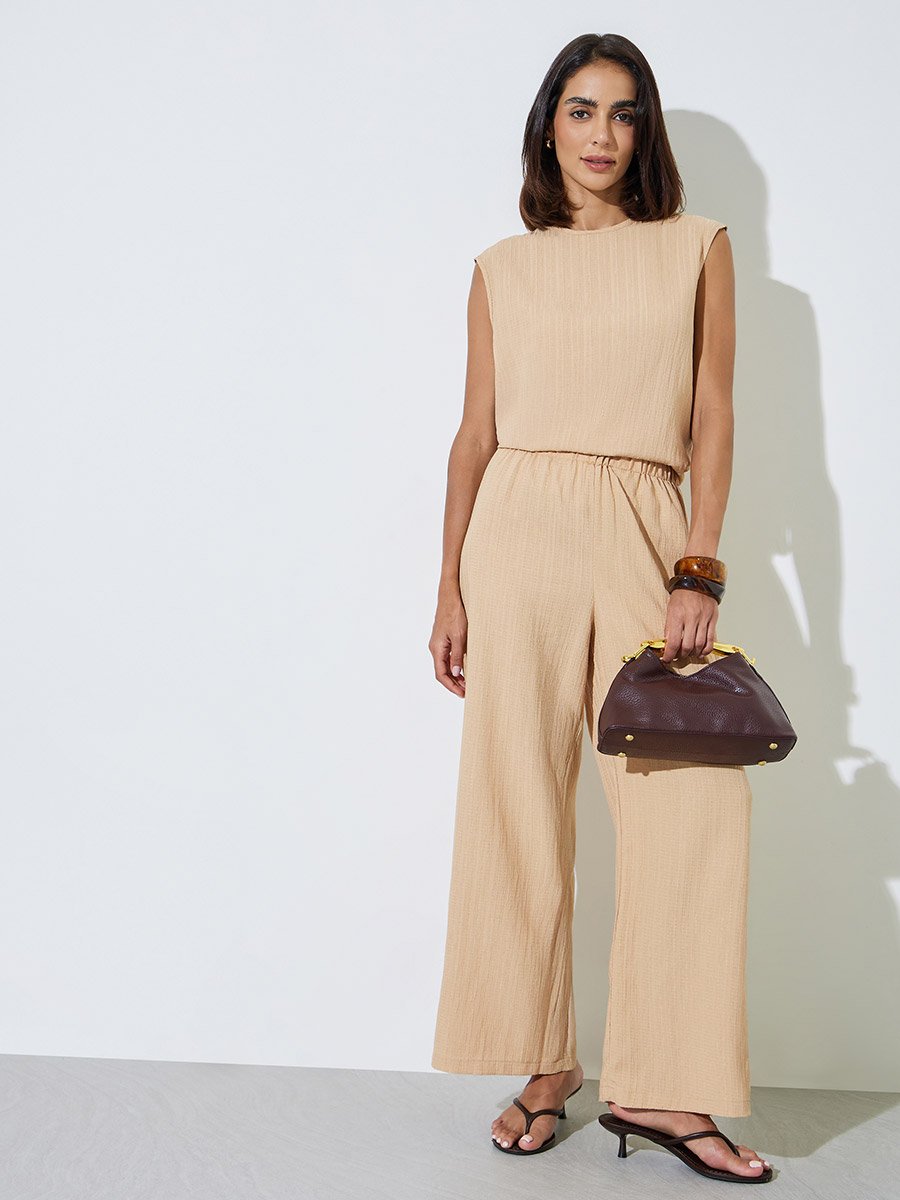 Beige Textured Sleeveless Top and Pants Modest Set