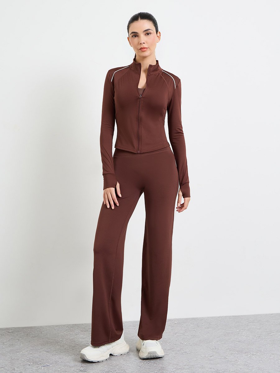 Brown Long Sleeves Thumbhole Detail Zip Up Jacket