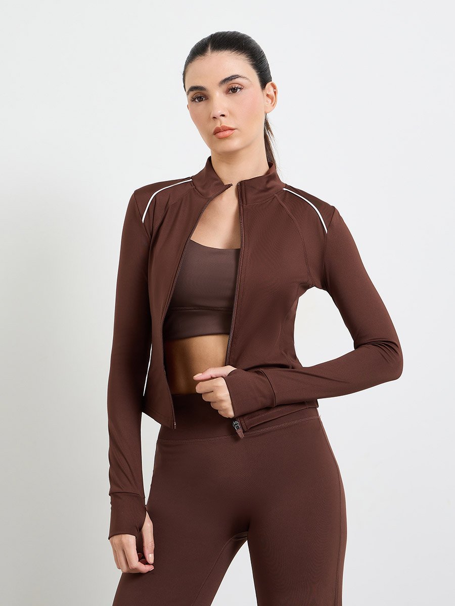 Brown Long Sleeves Thumbhole Detail Zip Up Jacket