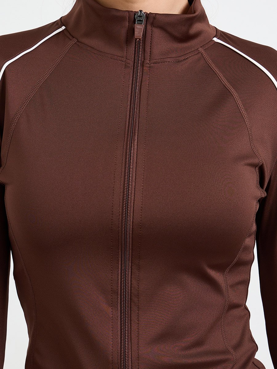 Brown Long Sleeves Thumbhole Detail Zip Up Jacket