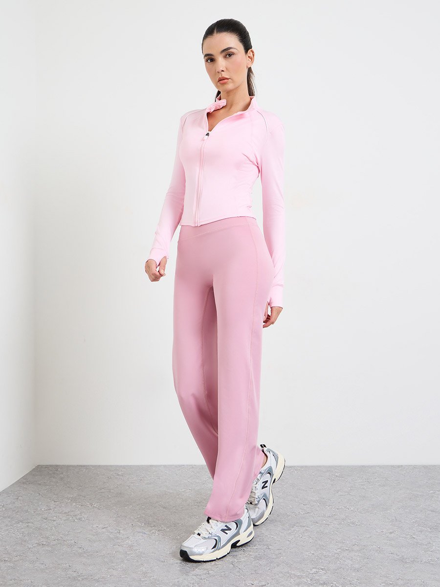 Pink Long Sleeves Thumbhole Detail Zip Up Jacket