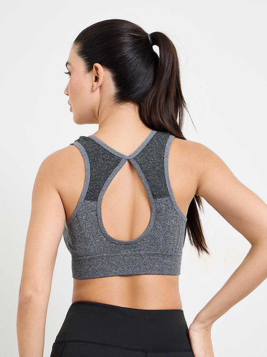 Grey Seamless Tear Drop Back Peep Sports Bra