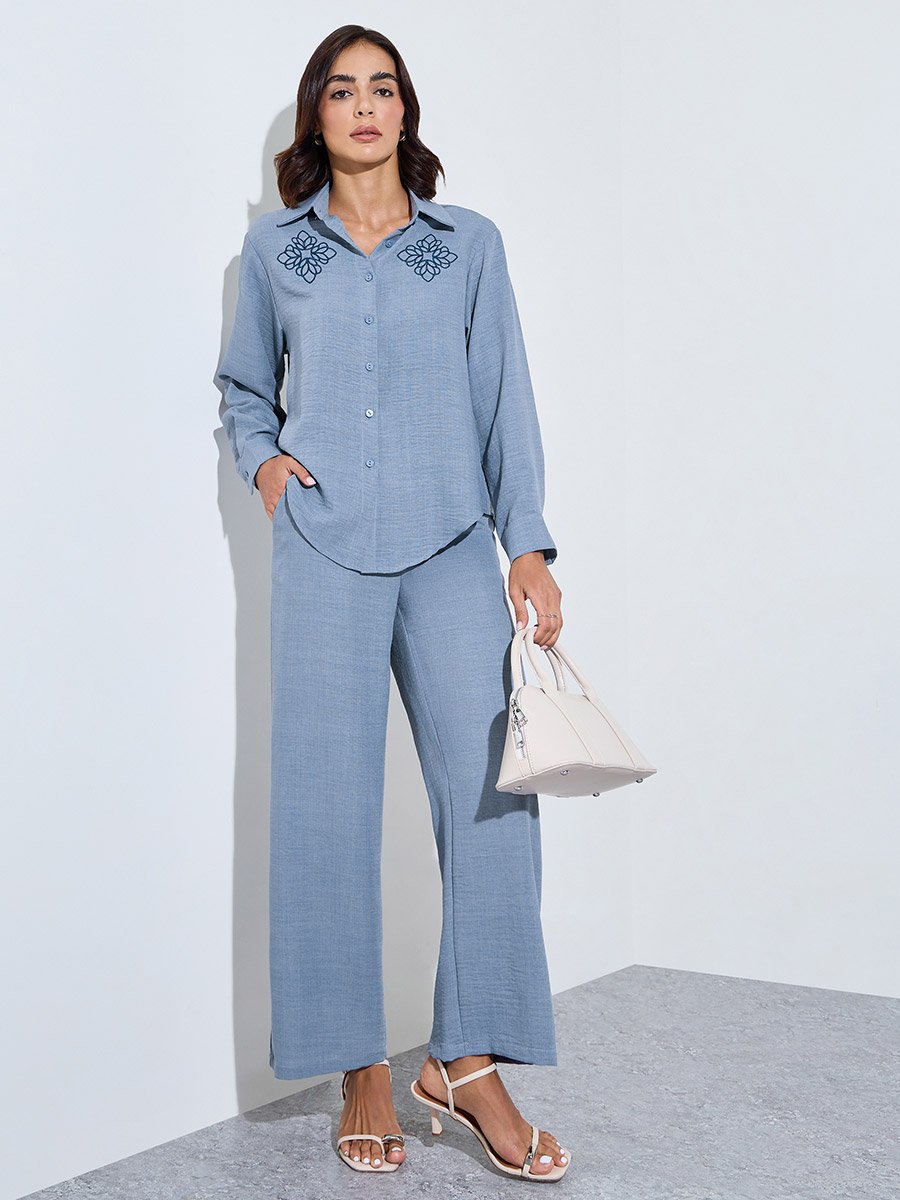 Blue Embroidered Detail Shirt and Trousers Modest Set