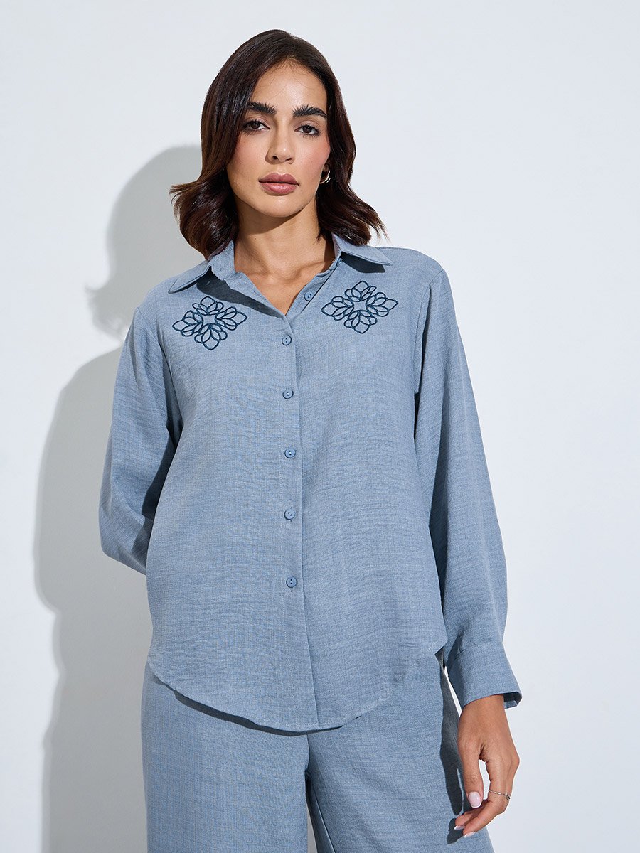Blue Embroidered Detail Shirt and Trousers Modest Set