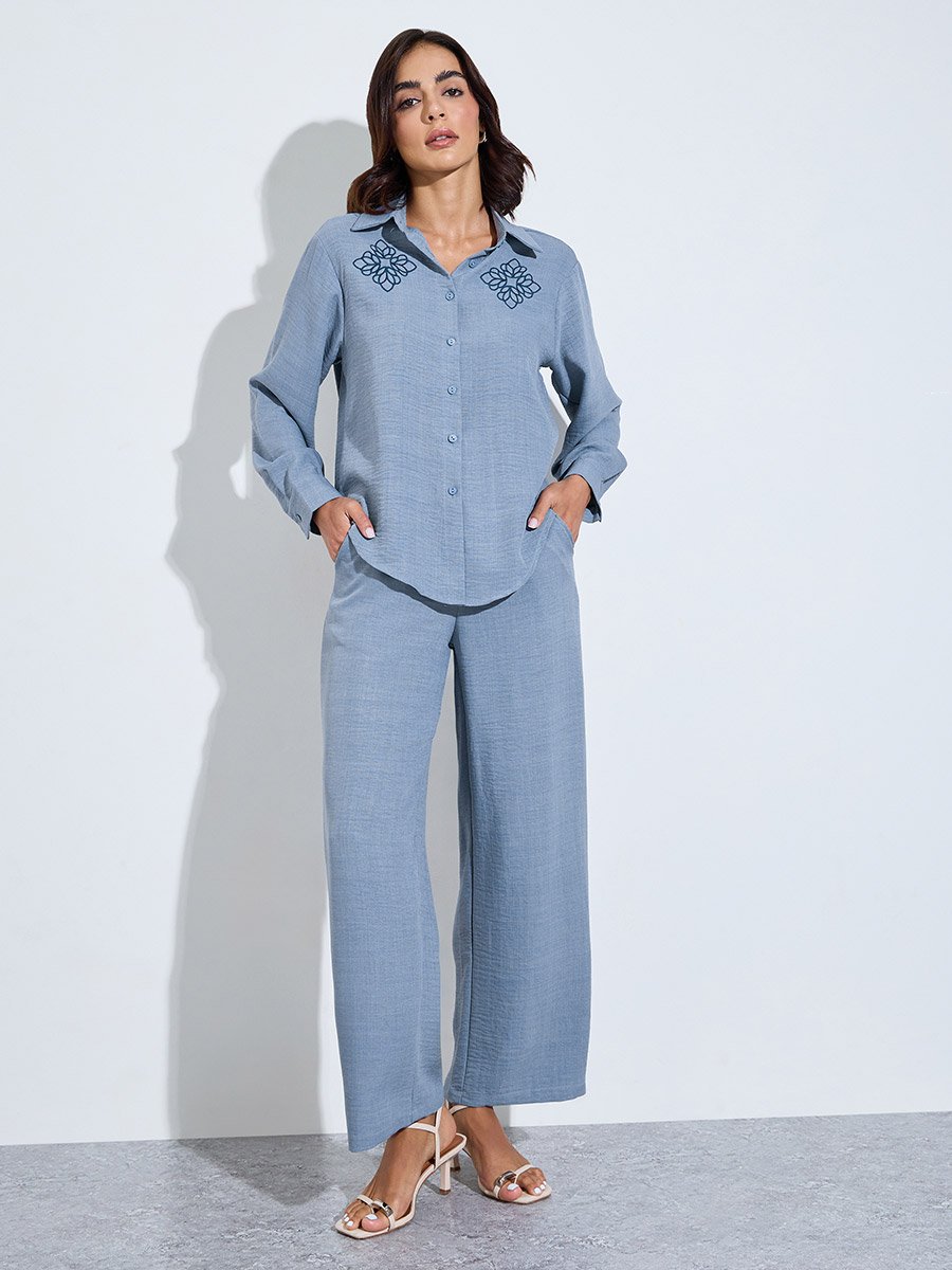 Blue Embroidered Detail Shirt and Trousers Modest Set