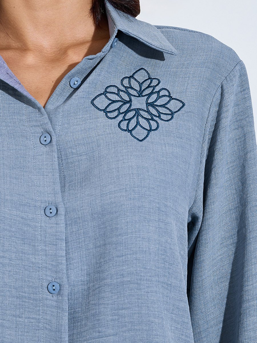 Blue Embroidered Detail Shirt and Trousers Modest Set