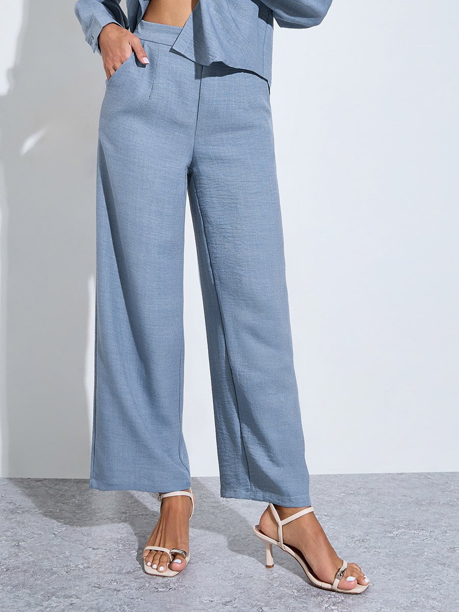 Blue Embroidered Detail Shirt and Trousers Modest Set