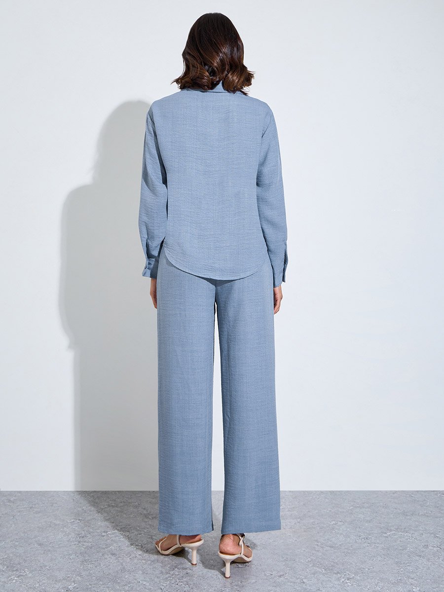 Blue Embroidered Detail Shirt and Trousers Modest Set