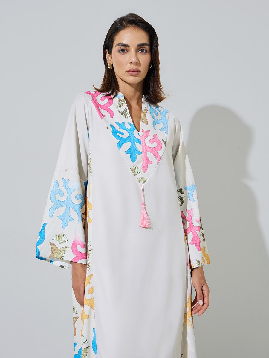 Off White Printed Panel Jalabiya with Tassel Detail