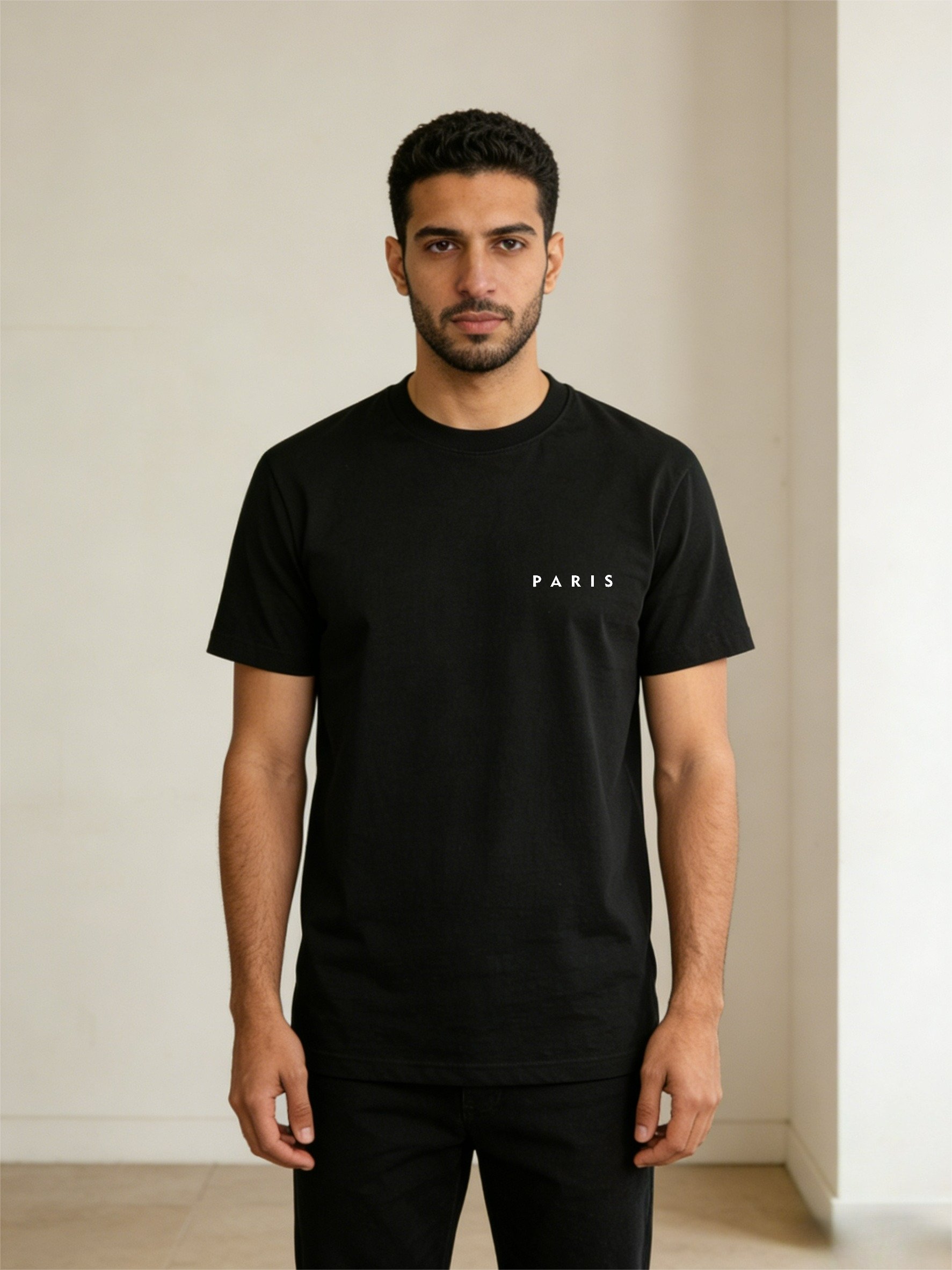 Men Black Paris Print Short Sleeve T-Shirt