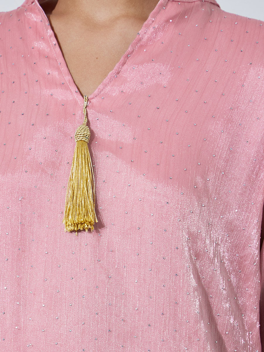 Pink Embellished Jalabiya with Tassel Detail