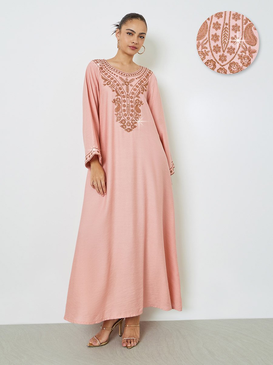 Pink Embroidered Jalabiya with Embellishment