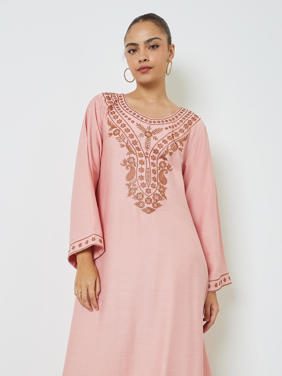 Pink Embroidered Jalabiya with Embellishment