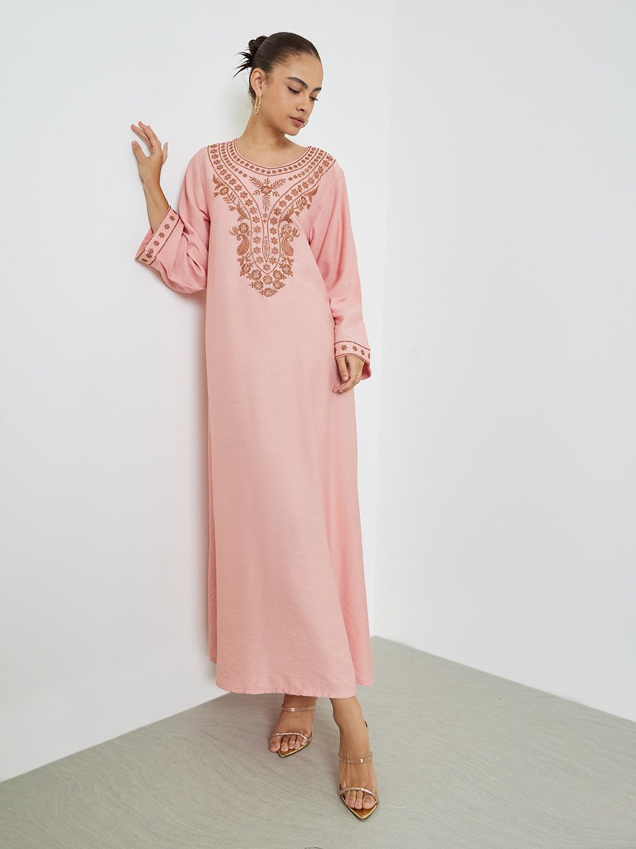 Pink Embroidered Jalabiya with Embellishment