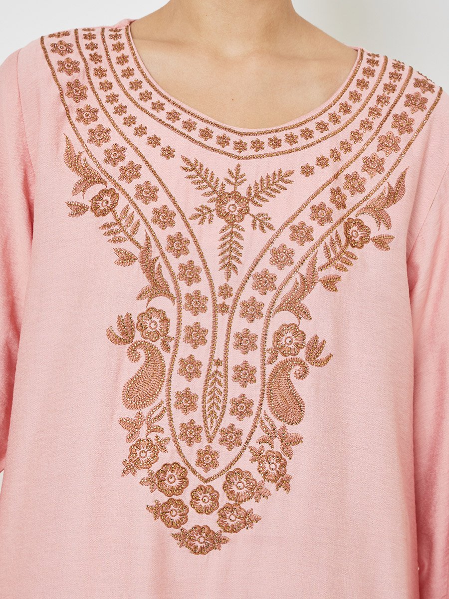 Pink Embroidered Jalabiya with Embellishment