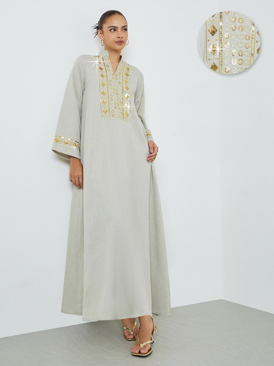Green Sequined Embroidery Panel Jalabiya
