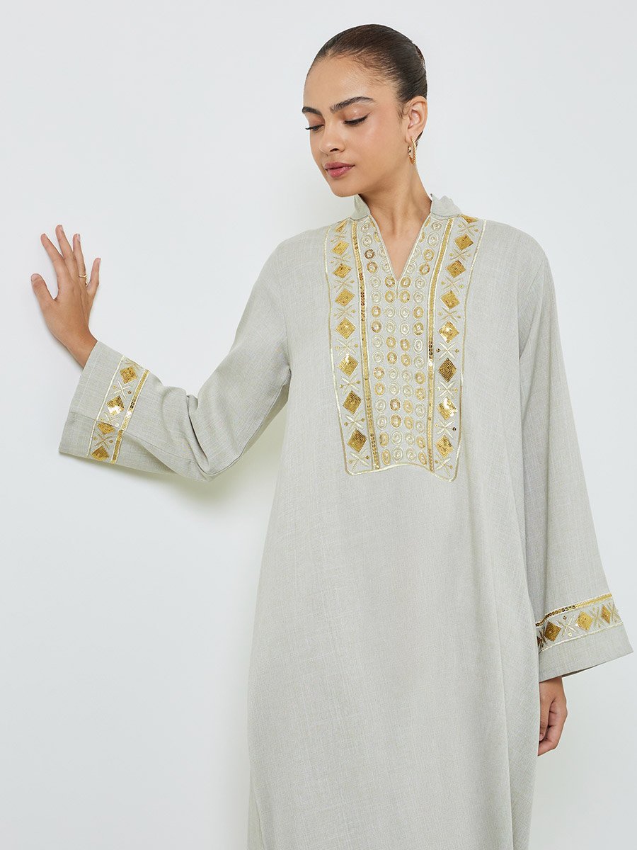 Green Sequined Embroidery Panel Jalabiya