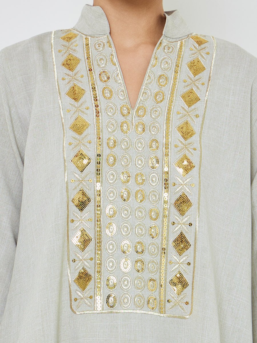 Green Sequined Embroidery Panel Jalabiya