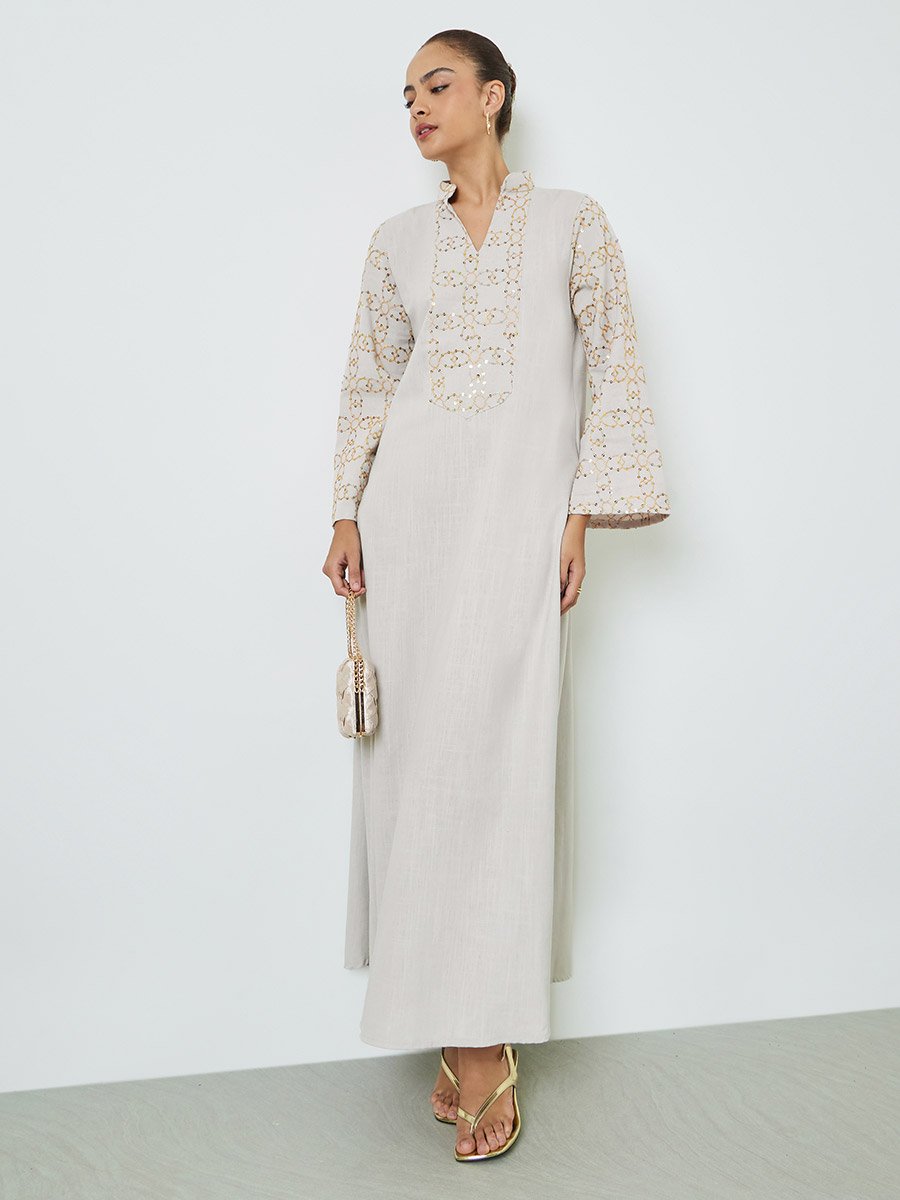 Beige Sequined Embroidery Long Sleeves Jalabiya
