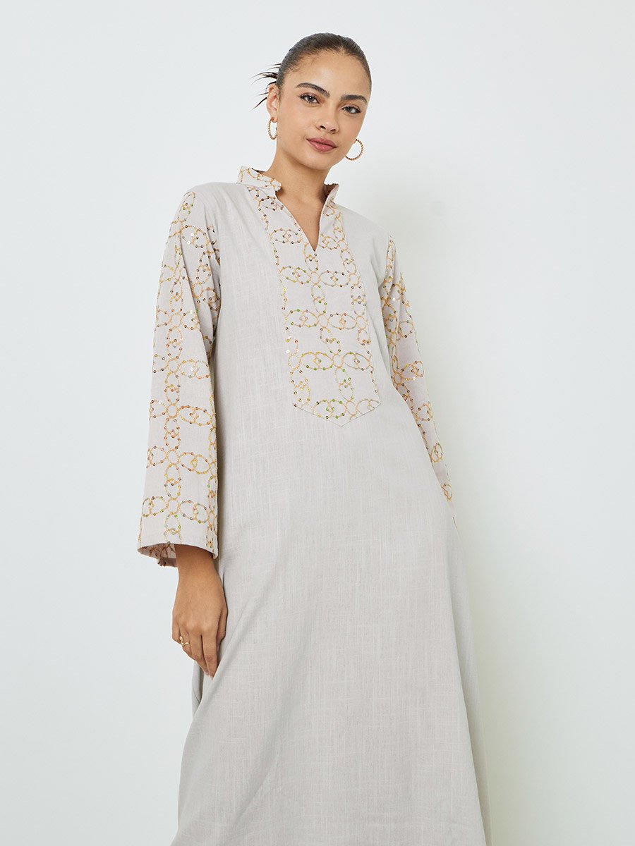 Beige Sequined Embroidery Long Sleeves Jalabiya