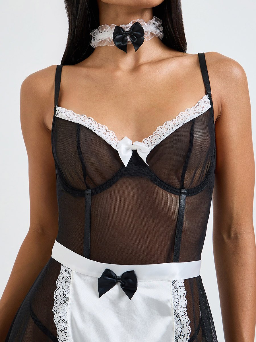 Pack of 6 - Black Lace Bodysuit, Brief, Suspender, Stockings and Neck Band