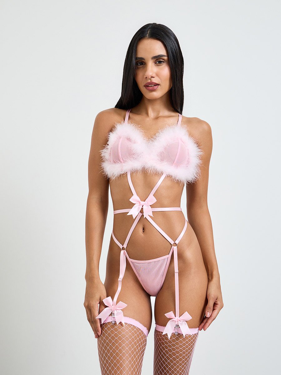 Pink Faux Feather Trim Bow Deatils Bodysuit with Fishnet Stockings